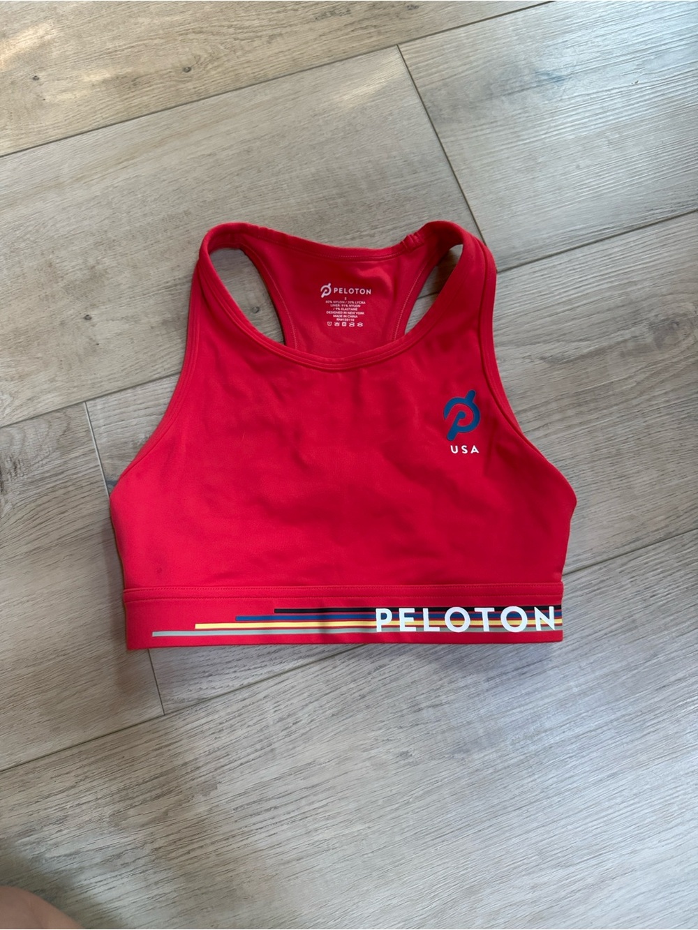 Peloton Red Racerback USA Logo Sports Bra